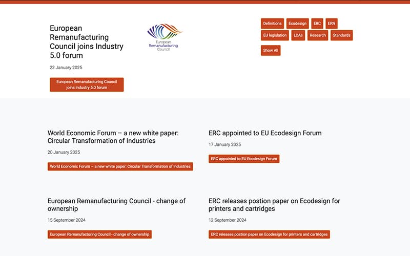 Consultancy website for the European Remanufacturing Council, Brussels