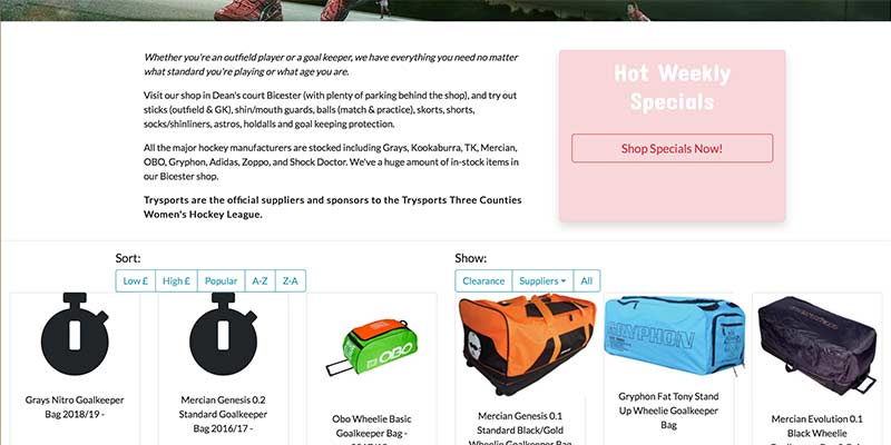 eCommerce website design for Trysports sports shop, Bicester